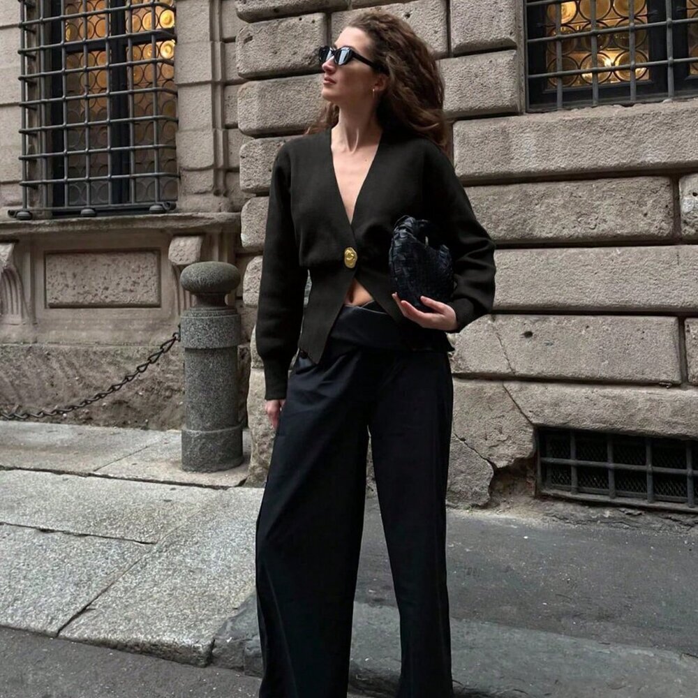 Black Preppy Elegant Minimalist Women's V-neck button detail Sweater Cardigan - Picture 3 of 7